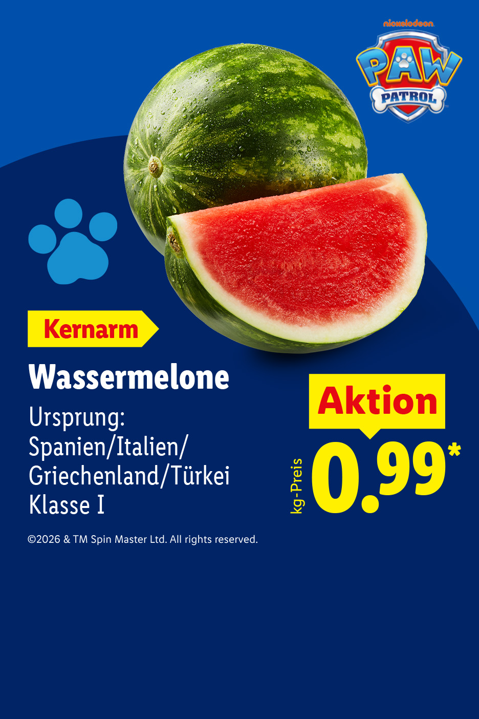 Wassermelone als Saison-Highlight der Woche, kernarm, aus Spanien/Italien/Griechenland/Türkei, Klasse I, im Angebot für 0.99* kg-Preis.