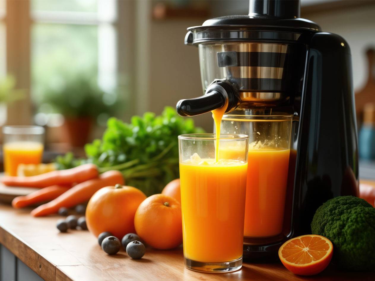 Entsafter, Orangensaft, Karotten, Beeren.