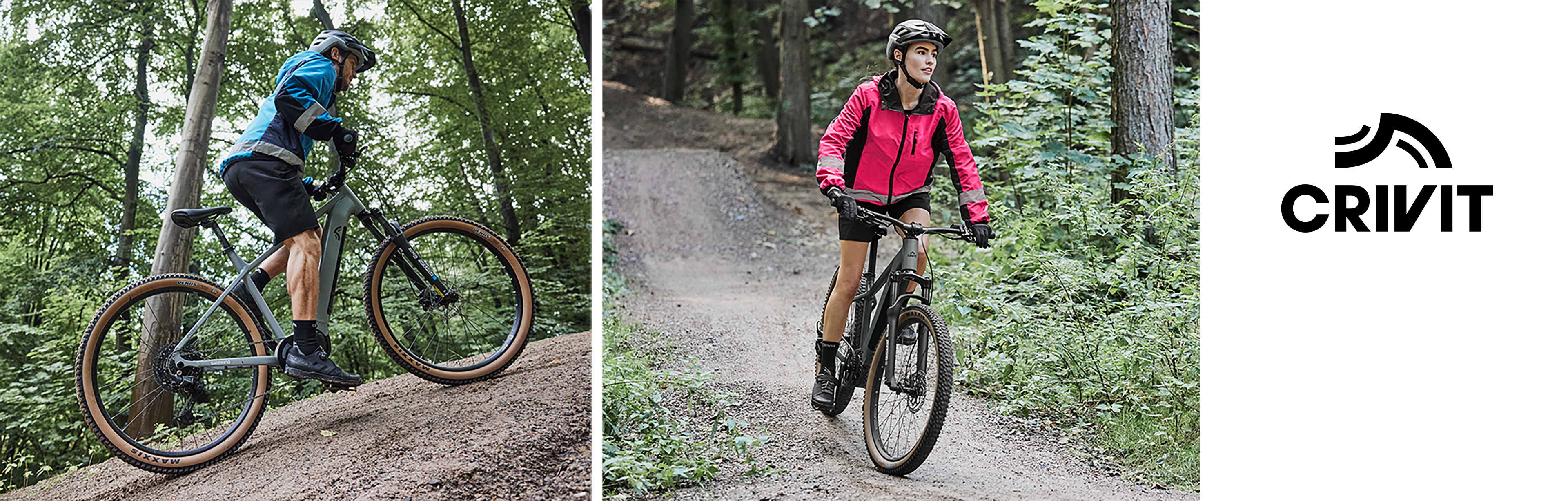 Crivit Mountainbikes: Modelle für Männer und Frauen auf einem Waldweg.