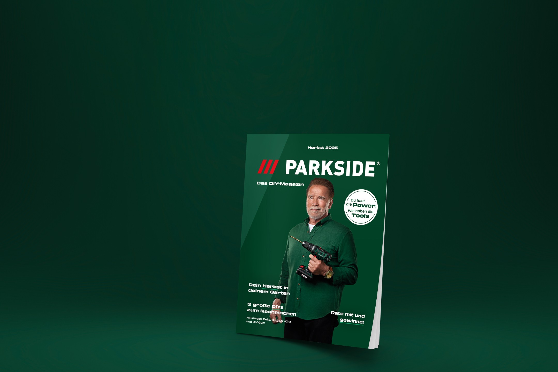 Parkside DIY-Magazin mit Arnold Schwarzenegger, der einen Bohrer hält.
