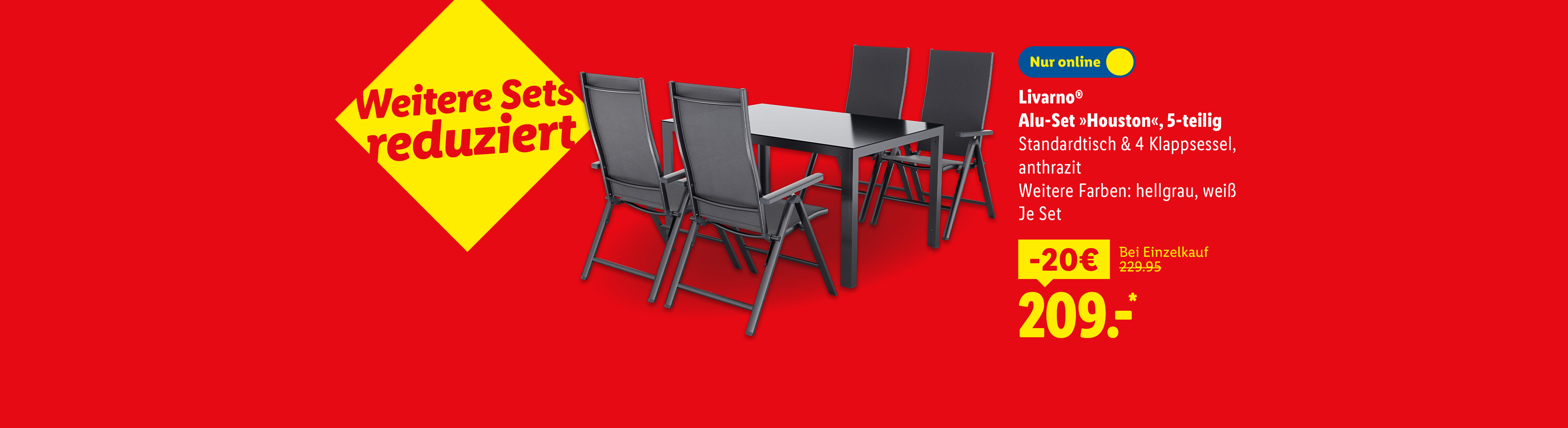 Livarno® Alu-Set »Houston«, 5-teilig Standardtisch & 4 Klappsessel, anthrazit, Weitere Farben: hellgrau, weiß, je Set -20€ günstiger nur online für 209.00€*.