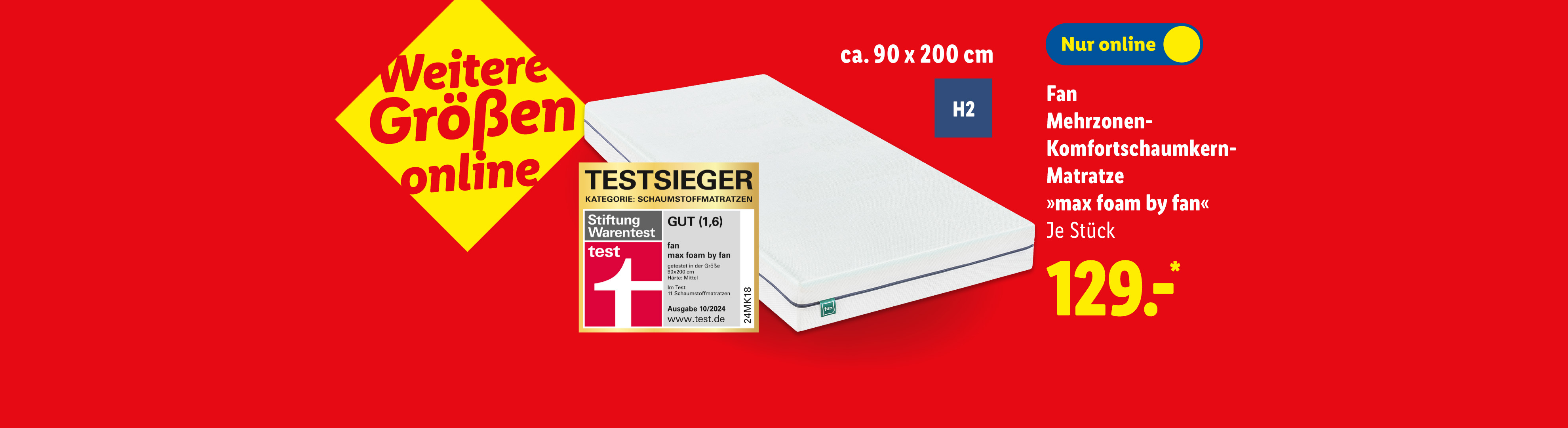 Fan Mehrzonen-Komfortschaumkern-Matratze »max foam by fan«, ca. 90 x 200 cm, Härtegrad H2, Stiftung Warentest Testsieger GUT (1,6) (24MK18), weitere Größen online, je Stück nur online für 129.- €*.