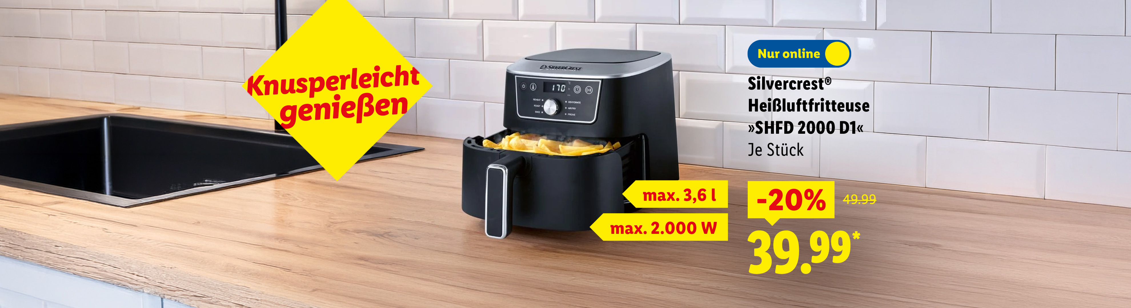 Knusperleicht genießen: Silvercrest Heißluftfritteuse »SHFD 2000 D1«, max. 3,6 l, max. 2.000 W, je Stück -20% nur online für 39.99 €*.