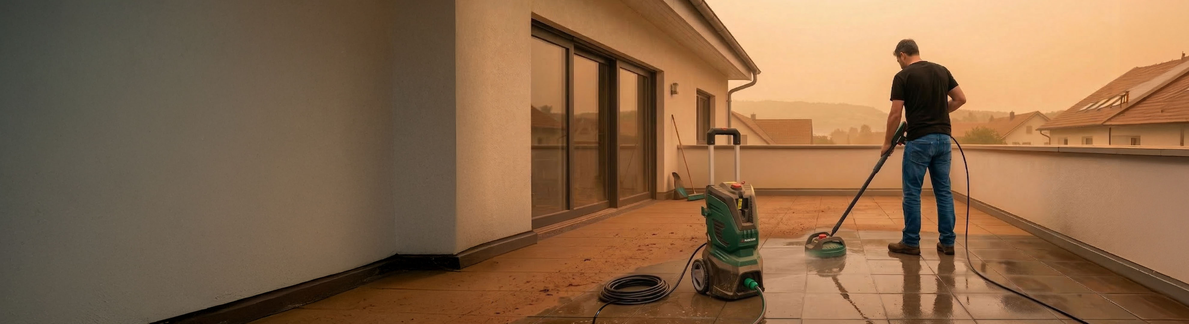 Mann reinigt Terrasse mit Hochdruckreiniger unter rötlichem Himmel.