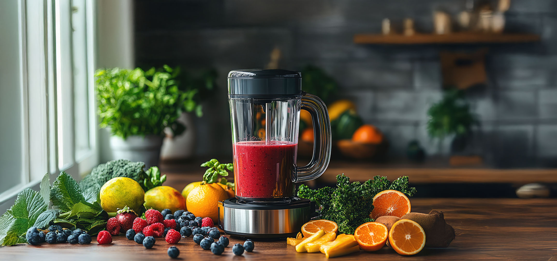 Blender mit Obst und Gemüse.