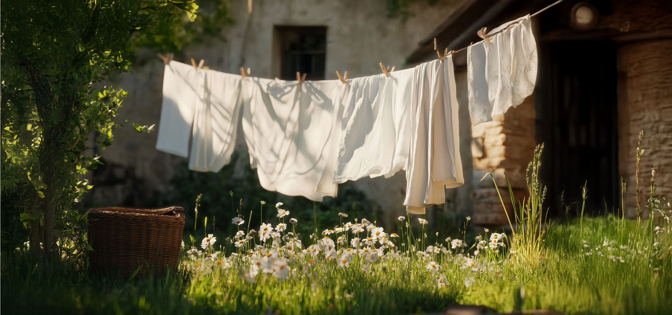 Weiße Wäsche trocknet im Garten mit Gänseblümchen.