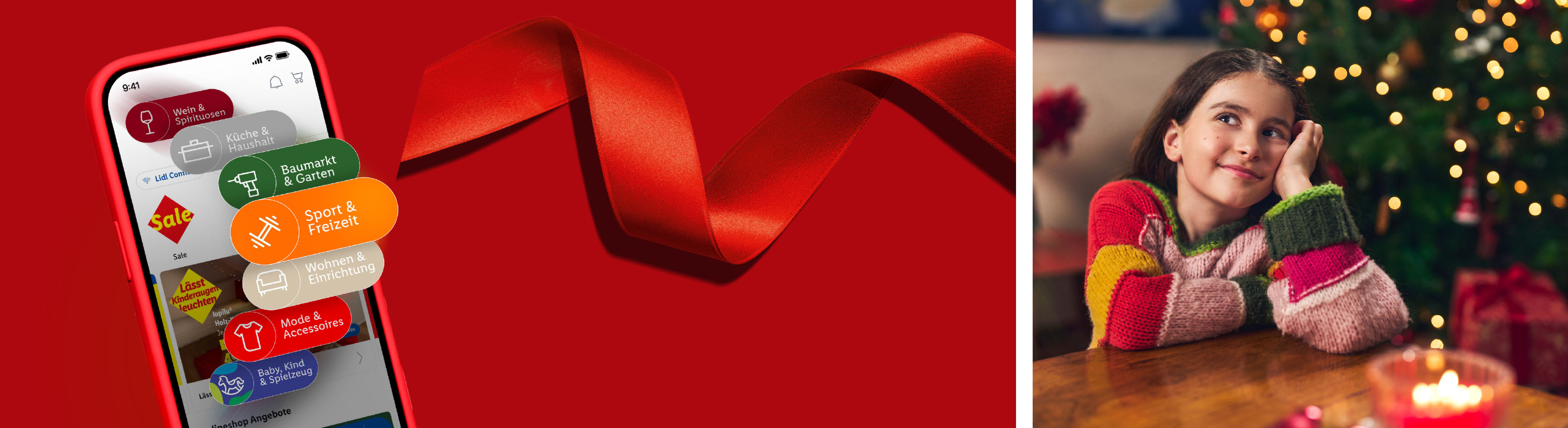 Lidl App mit Kategorien wie Wein, Küche, Baumarkt, Sport, Wohnen, Mode und Baby; Mädchen vor Weihnachtsbaum.