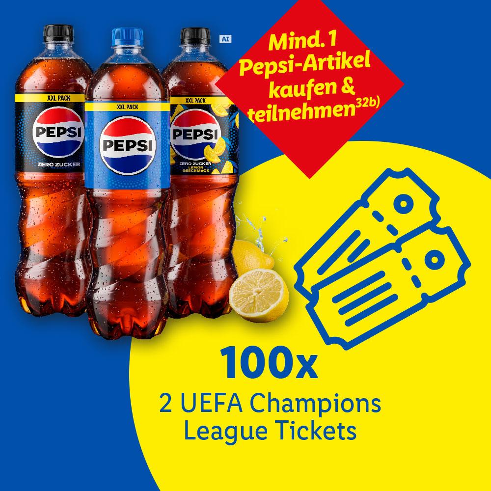Drei Flaschen Cola, eine davon mit Zitronengeschmack, daneben Zitronen und zwei Eintrittskarten. Text: Mindestens 1 Cola-Artikel kaufen & teilnehmen. 100x 2 UEFA Champions League Tickets.