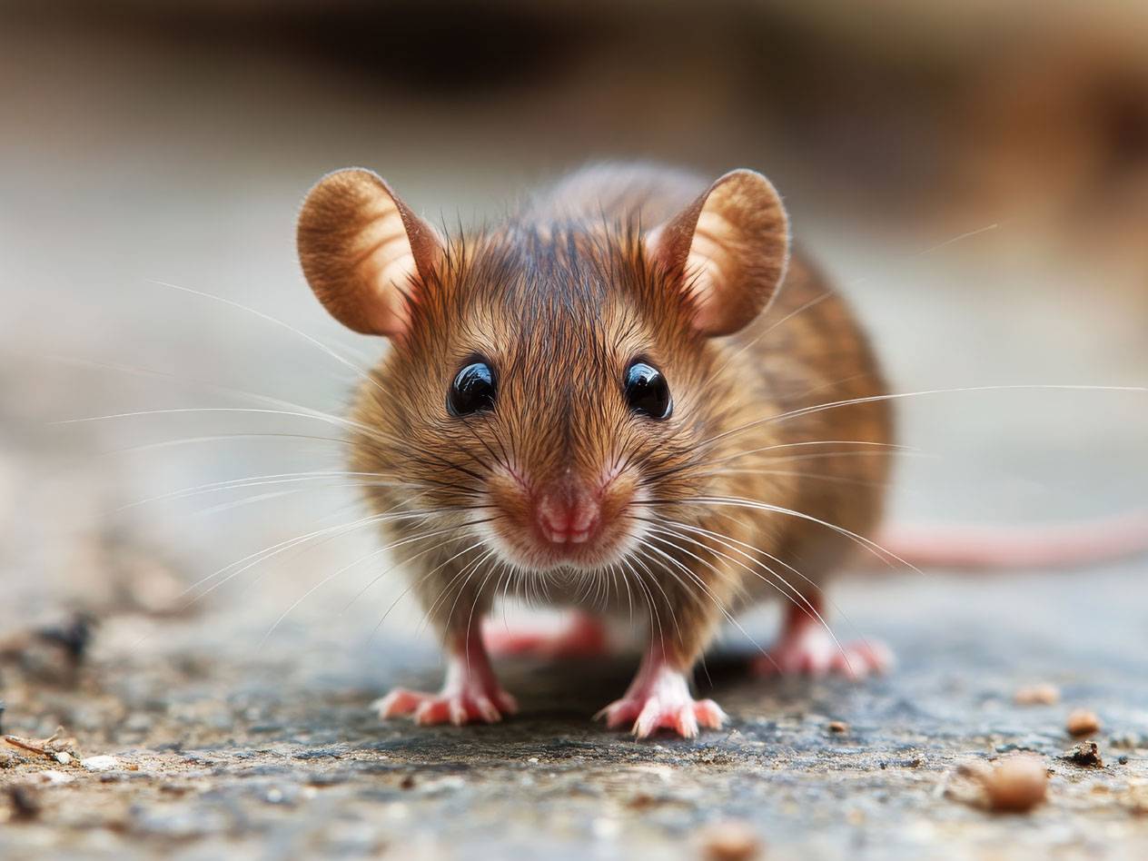 Eine kleine braune Maus aus der Nähe.