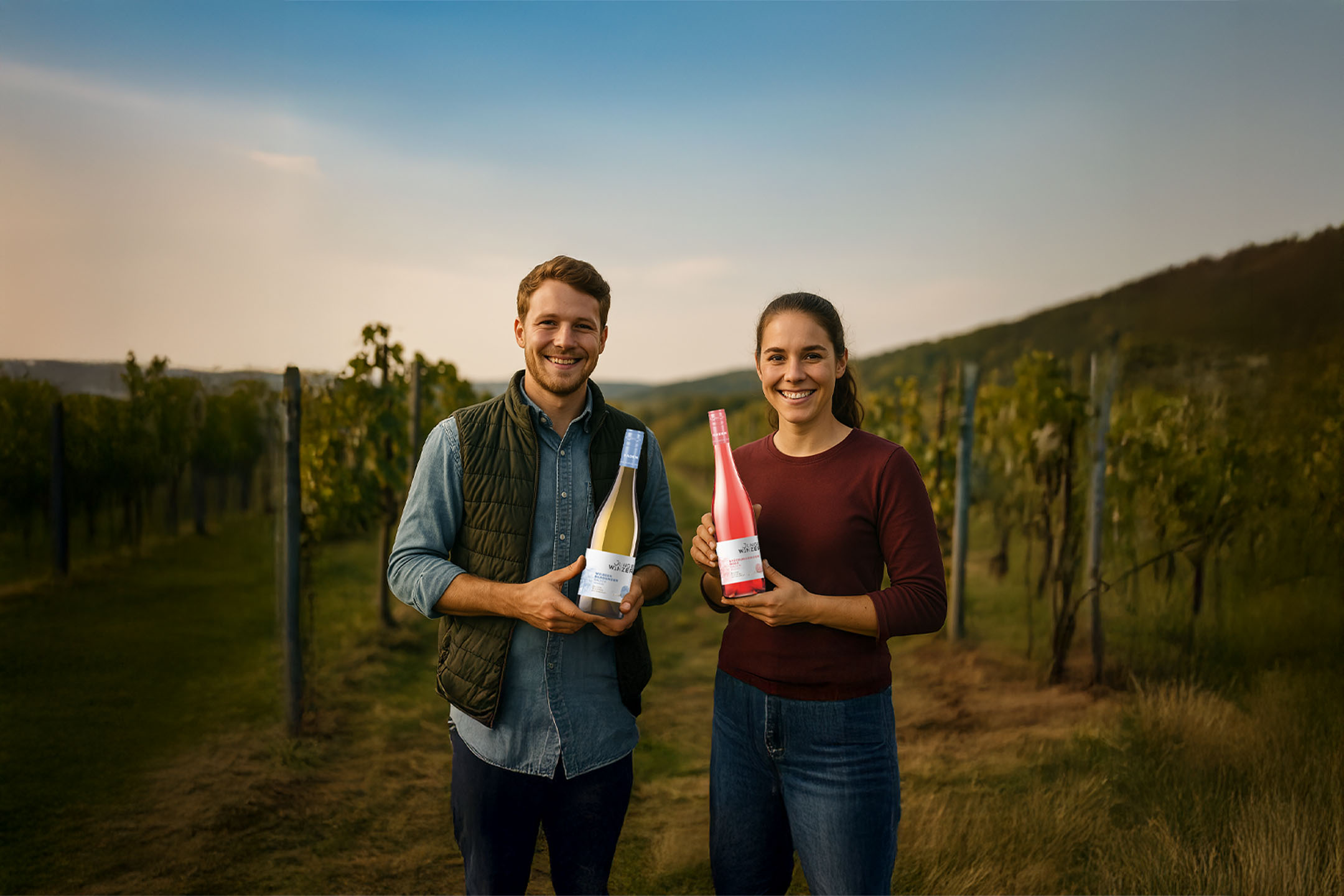 Zwei glückliche Winzer halten Weiß- und Roséweinflaschen in einem Weinberg.