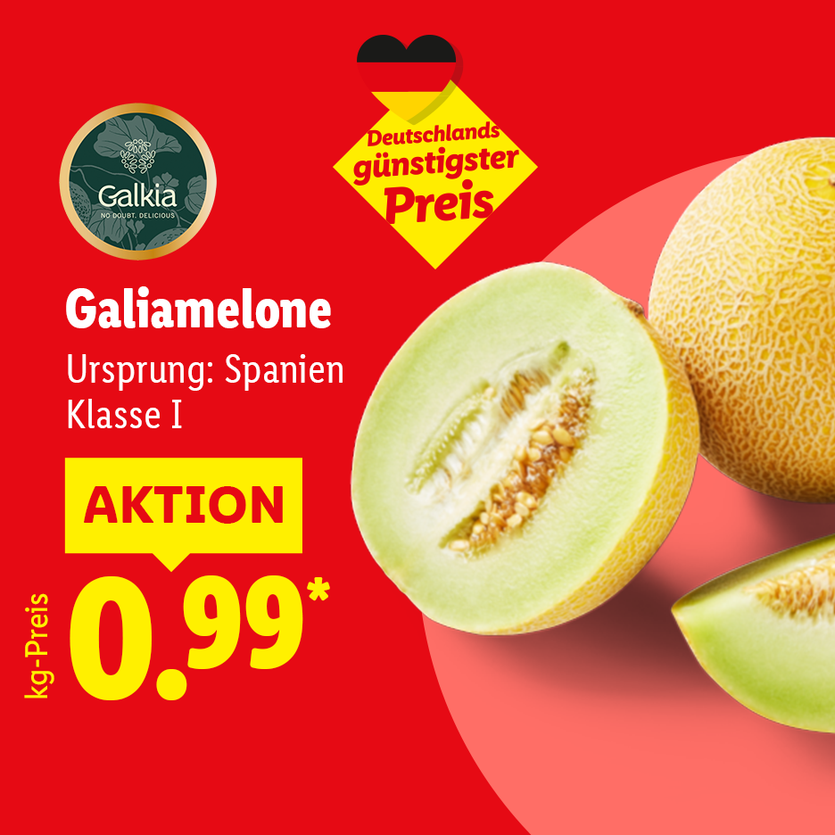 Deutschlands günstigster Preis – Galkia Galiamelone, Ursprung: Spanien, Klasse I, kg-Preis AKTION für 0.99 €*.